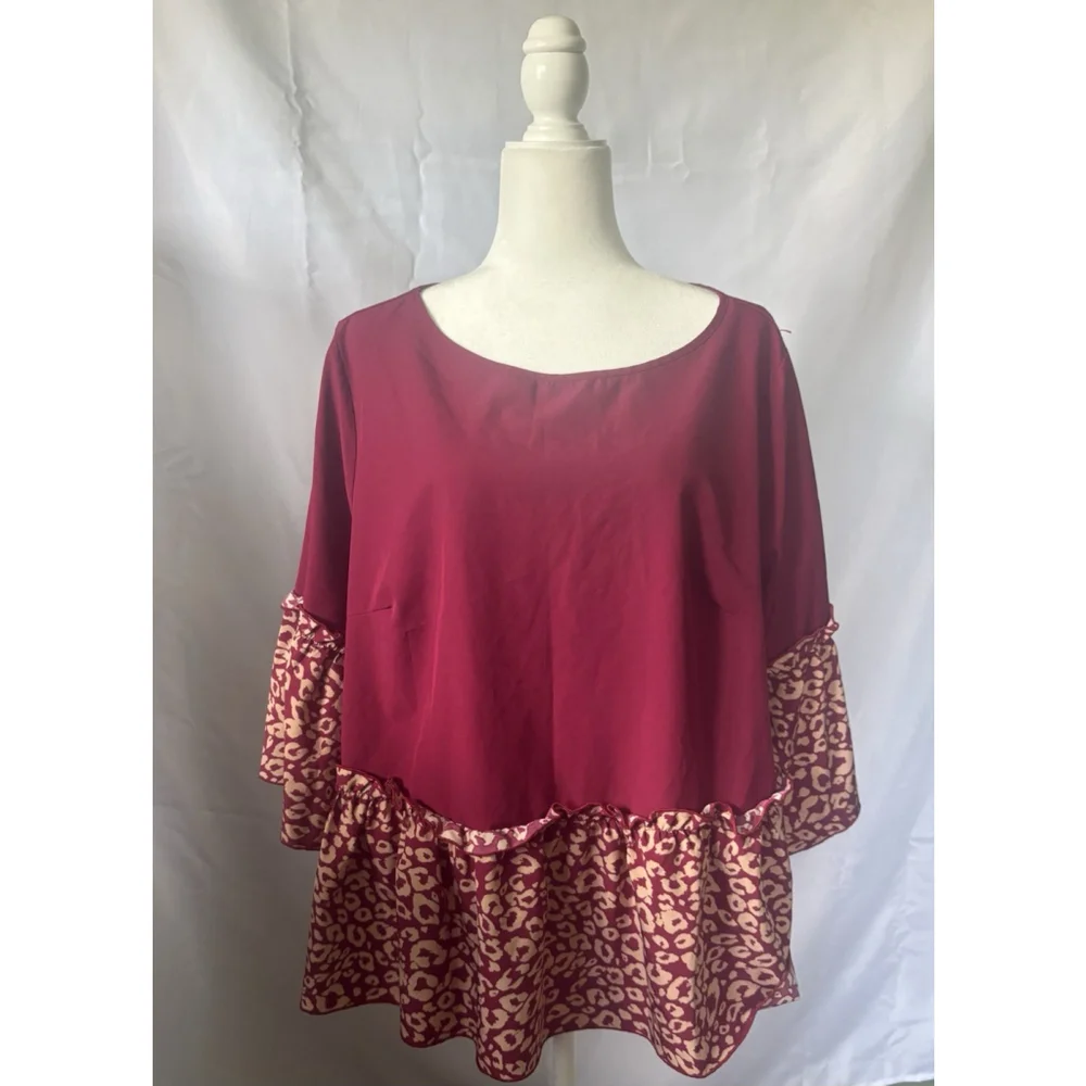 Peplum Flowy Red Blouse Leopard Print Boho Ruffle Hem Short Sleeve Plus Size